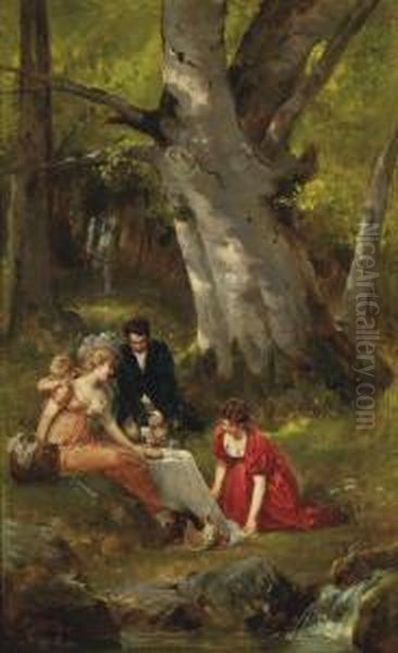 A Picnic In The Forest Oil Painting by Georg Papperitz