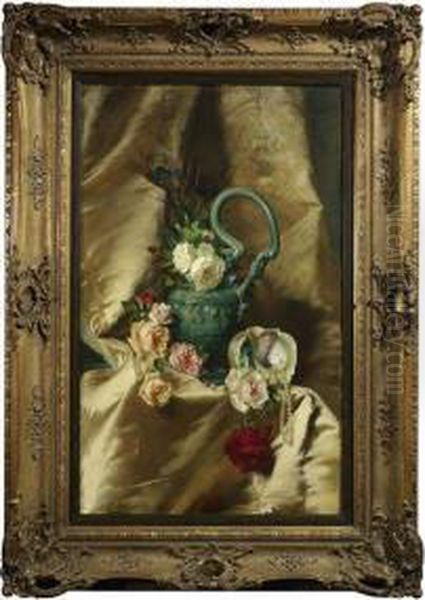 Stilleben Mit Bunten Rosen Und Pfauenfedern Oil Painting by Georg Papperitz