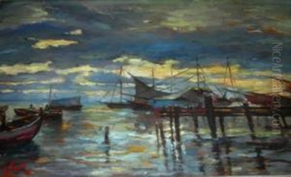 Marina Con Barche E Pontile Oil Painting by Gennaro Pardo