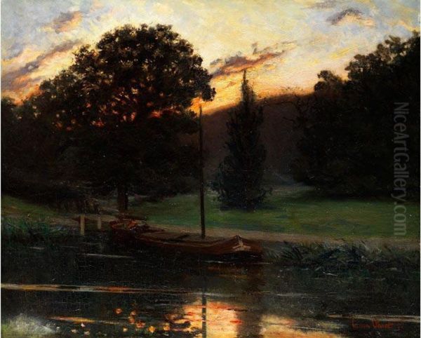 Kahn In Ruhigem Kanalwasser Vor Baumlandschaft Bei Sonnenuntergang Oil Painting by Luis Paret Y Alczar