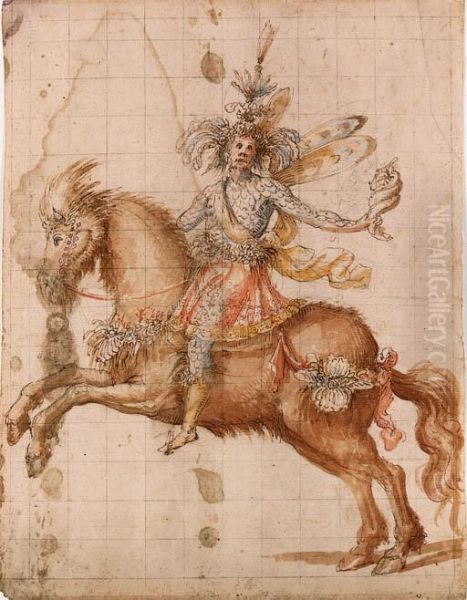 A Fantastic Figure On Horseback Holding A Conch: Design For Acavalcade Oil Painting by Giulio Parigi