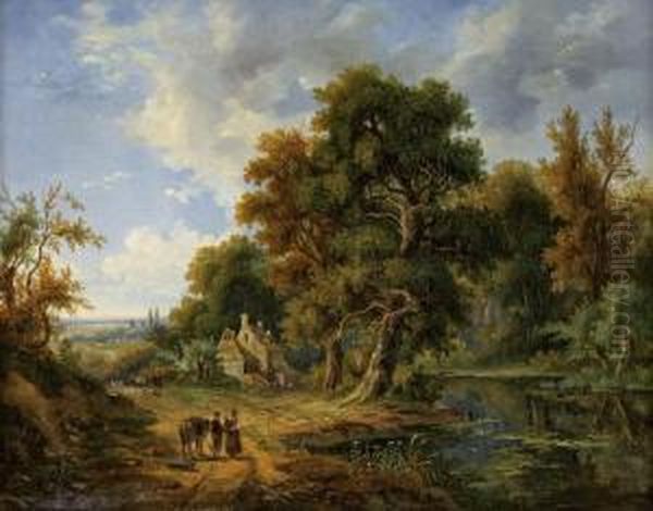 Bewaldete Landschaft Mitsee Und Staffagefiguren Oil Painting by Alfred Jean Marie Paris