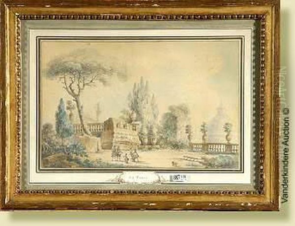 Sceneanimee Dans Un Parc A Rome, Aquarelle Et Mine De Plomb Sur Papier.attibuee A P.a. Paris. Ecole Francaise. (cadre D'epoque Lxvi Enbois Dore). Dim.: 23,5x37cm. Oil Painting by Pierre Adrien Paris