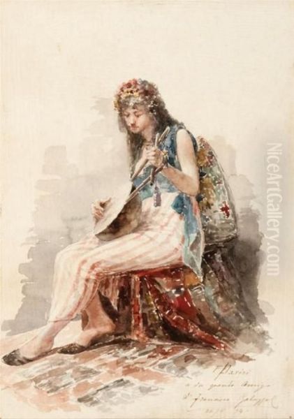 Girl Playing Musical Instrument Oil Painting by Francesco Paolo Parisi