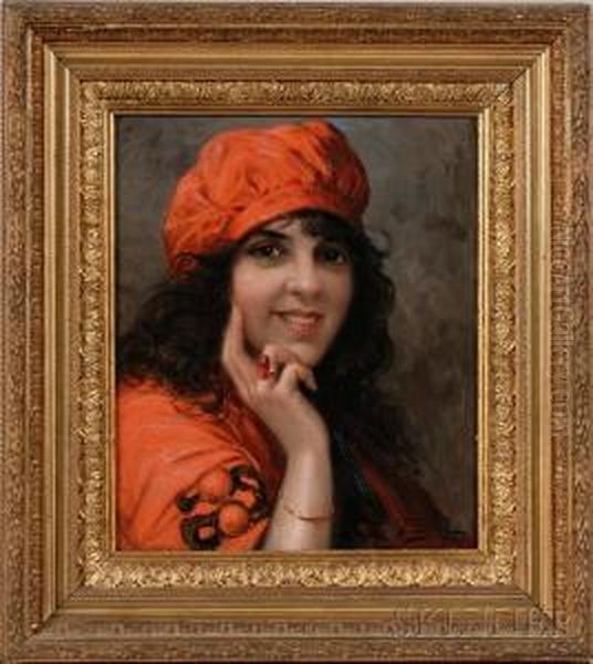 Girl In A Red Hat Oil Painting by Francesco Paolo Parisi