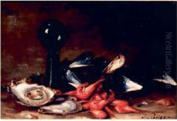 Nature Morte Aux Moules Et Aux Crevettes Oil Painting by Eugene Ferdinand Parisy