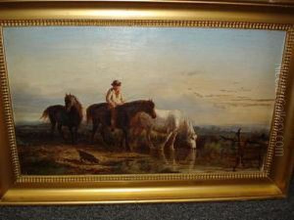 Watering The Horses, A Drover, Three Horses And A Dog In A Marshland Landscape Oil Painting by Henry Hillier Parker