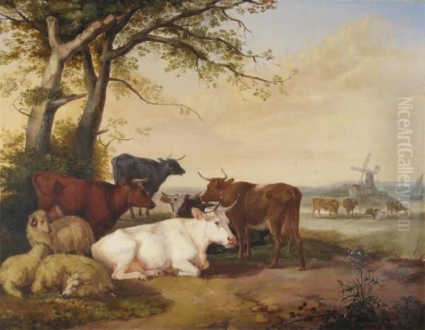 Cattle And Sheep In A Landscape, A Windmill Beyond Oil Painting by Henry Hillier Parker