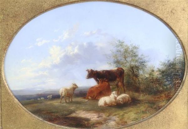 Cattle And Sheep By A Tree Oil Painting by Henry Hillier Parker