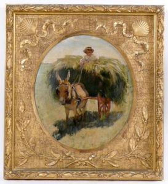 A Boy On A Donkey Led Cart Oil Painting by Charles S. Parker