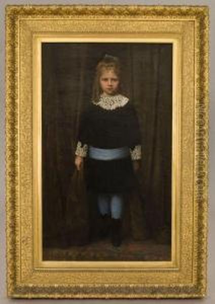 A Portrait Of A Young Girl Wearing A Blue Dress With White Lace Oil Painting by Edgar Parker