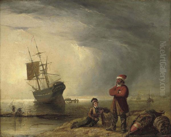 A Beached Brig At Low Tide With Fishermen On The Foreshore Oil Painting by Henry Perlee Parker