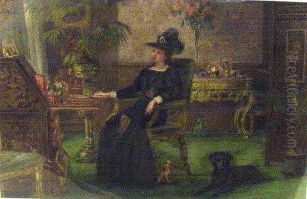 Female And Dogs In An Interior Oil Painting by John Parker