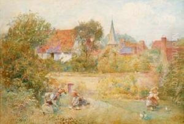 Figures And A Goat On A Riverbank, Church And Town Oil Painting by John Parker