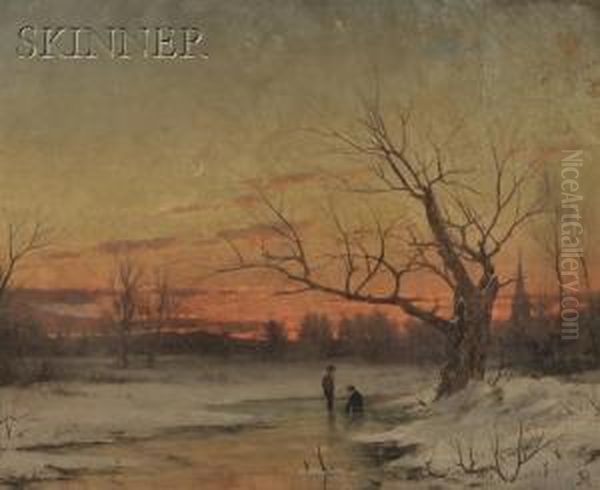 Two Figures On A Frozen Winter Stream At Dusk Oil Painting by John Adams Parker