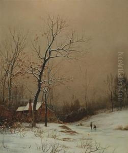 Children Playing On A Frozen Stream Oil Painting by John Adams Parker