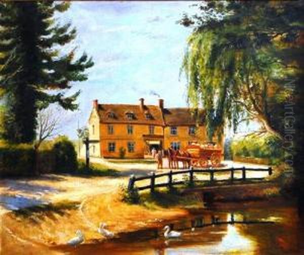 Thebull At Barton Mills Oil Painting by Mabel Parker