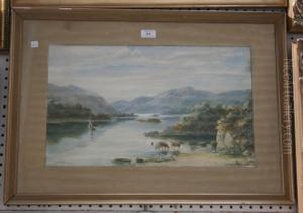 Landscape With Cattle On The Bank Of A River Oil Painting by Maude Parker