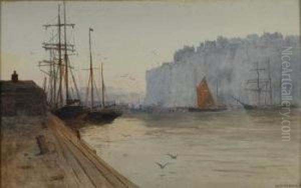 British Moored Fishing Boats In A Harbour Oil Painting by William Samuel Parkyns