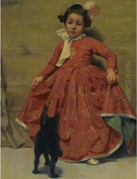 Senorita Bailando Para Su Gato (girl Dancing For Her Cat) Oil Painting by Andres Parlade Y Heredia