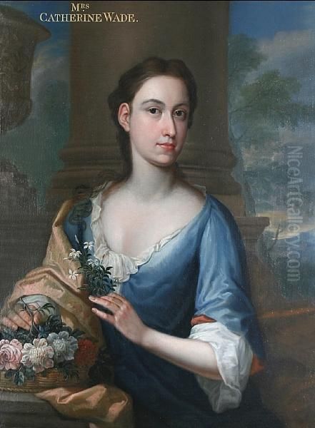 Portrait Of Mrs Catherine Wade, Half Length,stood Before Classical Columns And Holding A Basket Offlowers Oil Painting by James Parmentier