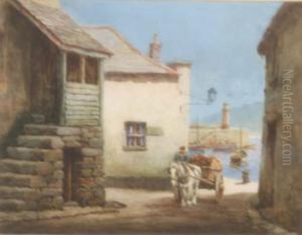 Horse And Cart With Newlyn Harbour Beyond Signed 10 X 13.25in Oil Painting by Frederick Parr