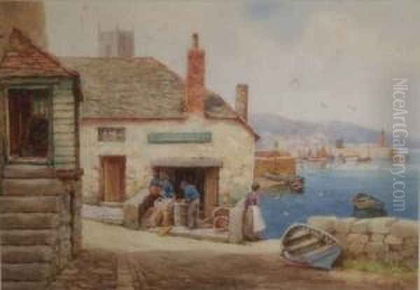 Newlyn Harbour Signed 10 X 14in Oil Painting by Frederick Parr