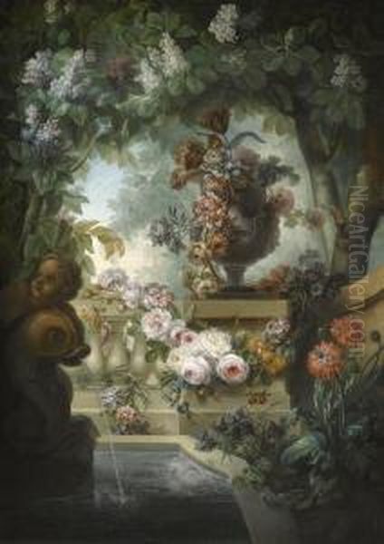 A Garden Scene With An Urn Of Flowers, A Flower Garland And A Fountain Beneath A Canopy Of Wisteria Oil Painting by Miguel Parra