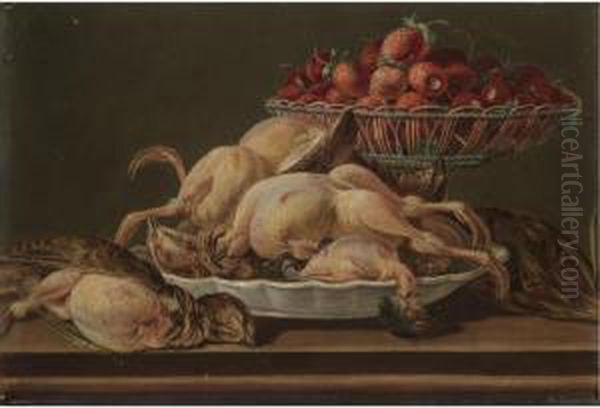 Still Life With Plucked Game And A Basket Filled With Strawberries Oil Painting by Miguel Parra Y Soler