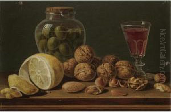 Still Life With Walnuts, Olives In A Glass Jar, A Partly Peeled Lemon And A Glass Of Red Wine Oil Painting by Miguel Parra Y Soler