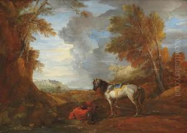 A Rider Resting Near His Horse In A Hilly Landscape Oil Painting by Charles Parrocel