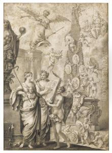 Frontispiece Design With Allegorical Figures Of The Arts Andportraits Of The Great Artists Oil Painting by Ignace Jacques Parrocel