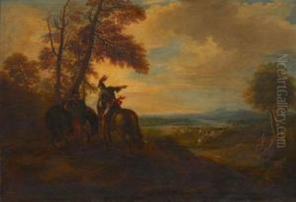 Deux Cavaliers Sur Un Tertre Dominant Un Champ De Bataille Oil Painting by Ignace Jacques Parrocel