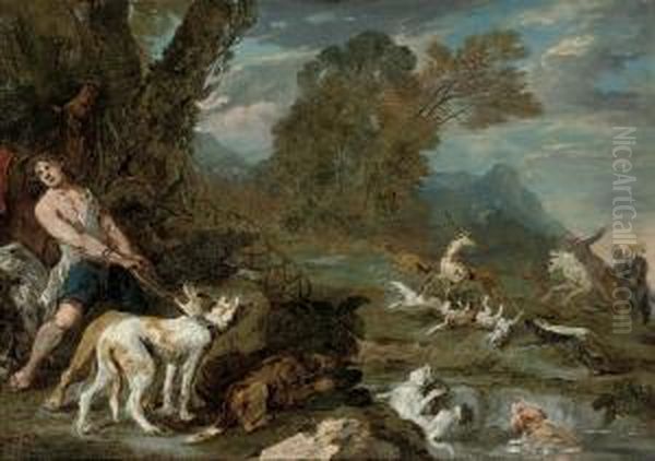 A Deerhunt In A Wooded River Landscape, A Modello Oil Painting by Ignace Jacques Parrocel