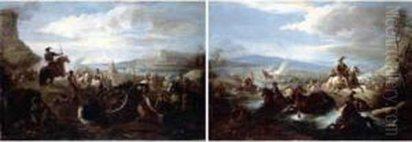 A Battle Scene With Cavalry Fleeing Across A River Oil Painting by Ignace Jacques Parrocel