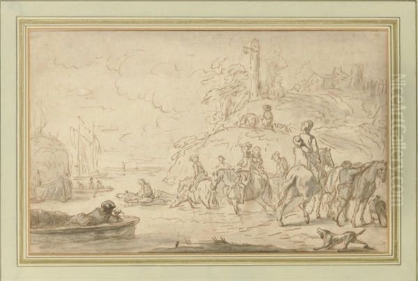 A Party On Horseback Crossing A River (recto); Studies Of A Horse'shead And Two Figures (verso) Oil Painting by Joseph Parrocel