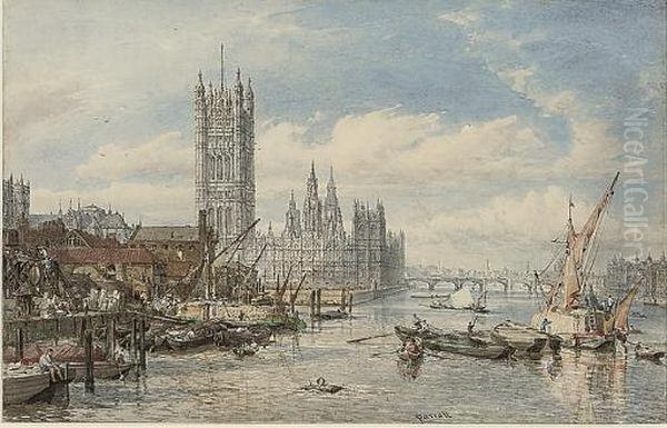 Houses Of Parliament And Westminster Bridge From The South Bank Of The River Thames Oil Painting by William Parrott