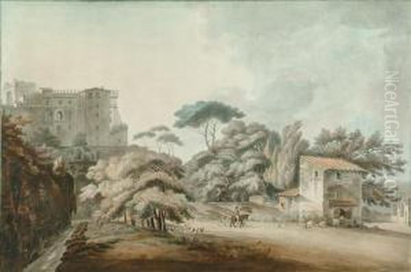 Continental Landscape With Castle Beyond Pencil And Oil Painting by William Pars