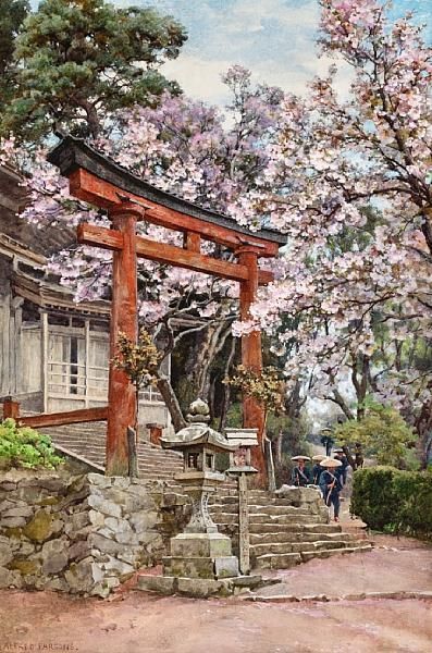 Cherry Blossoms Before A Temple Near Yoshino, Japan Oil Painting by Alfred Parsons