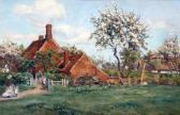 Figures Before A Country Cottages Oil Painting by Alfred Parsons