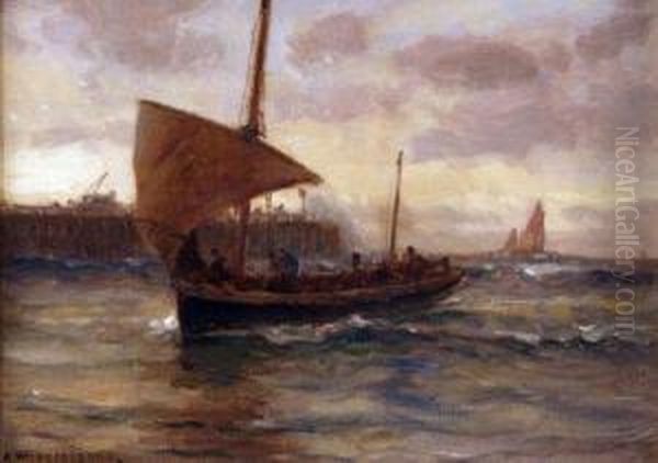 Fishing Boat Off A Harbour Oil Painting by Arthur Wilde Parsons