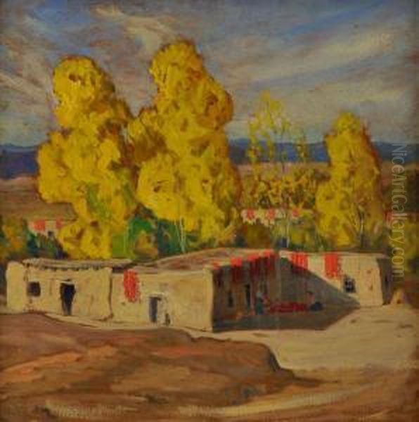 Adobe House With Yellow Tress Oil Painting by Sheldon Parsons