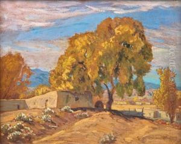 New Mexico Adobe With Large Tree In Foreground Oil Painting by Sheldon Parsons