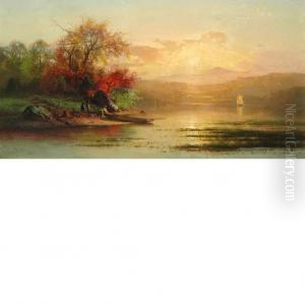 Autumn Sunset Over A Lake Oil Painting by Arthur Parton