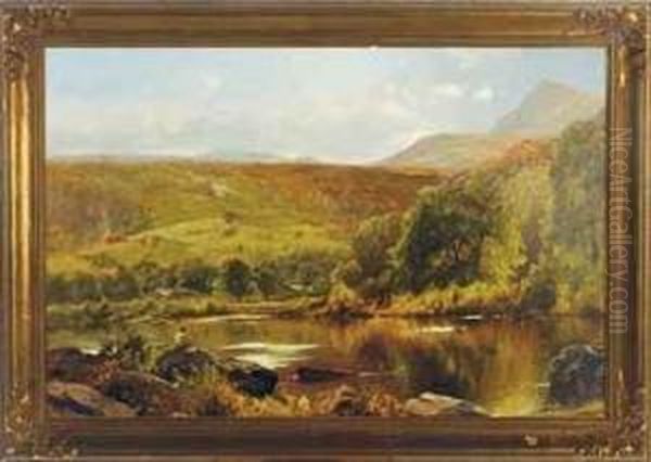 An Angler Fishing In A Landscape Oil Painting by Ernest Parton