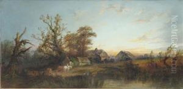 Summer Evening With Horses And Cottages Beside A River Oil Painting by Edward Partridge