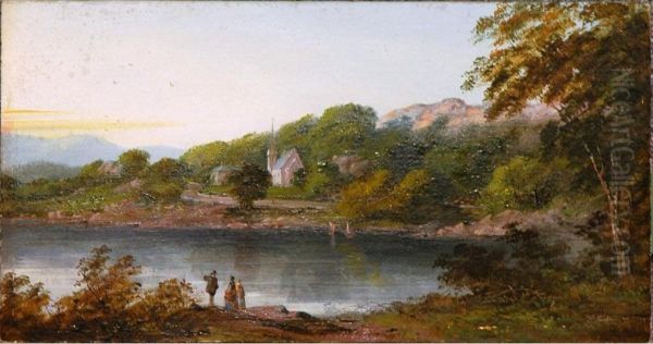 Figures By A Lake In A Rural Landscape Oil Painting by Edward Partridge