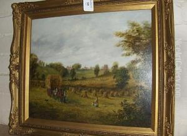 Figures With Horse And Wagon Bringing In Theharvest, Signed, Oil On Canvas Oil Painting by Edward Partridge