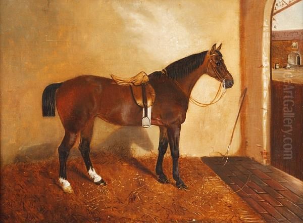 Saddled Bay Hunter In A Stable; And Companion Oil Painting by John Partridge