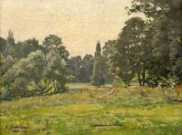 Summerylandscape With A Woman Sunbathing Oil Painting by Eugene Louis Parturier